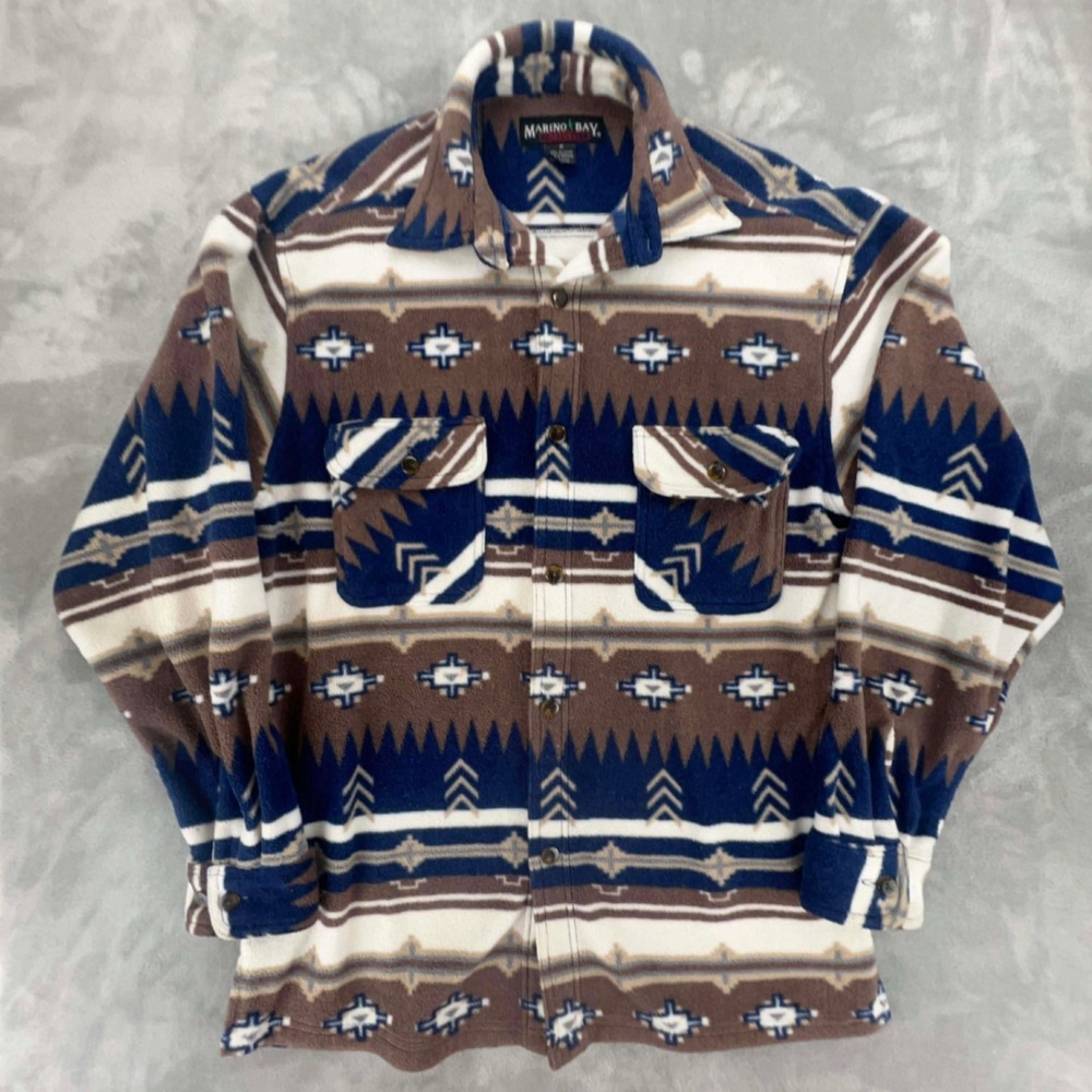 Marino Bay Natural Fleece Button Up Shirt Mens M Southwestern Aztec EUC‎
